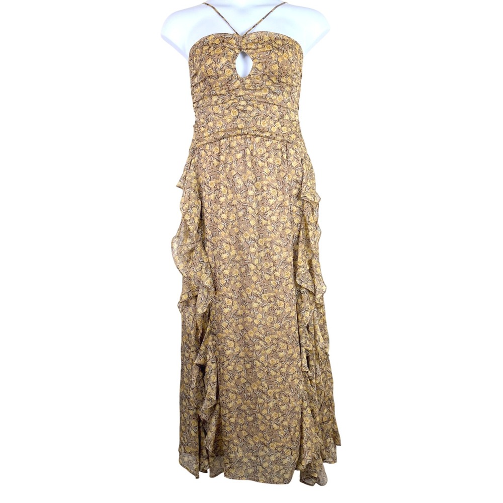 VICI‎  Small Tan Brown Floral Maxi Dress Ruffle Keyhole Boho Cottagecore HOCO